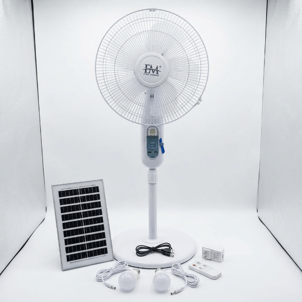 Ventilateur Solaire Rechargeable Anti-Coupure avec 2 Ampoules LED et Charge Téléphone