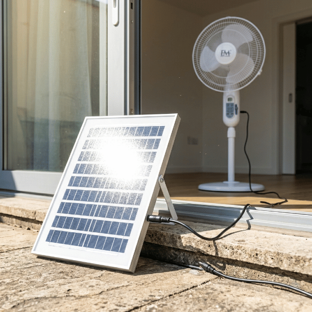 Ventilateur Solaire Rechargeable Anti-Coupure avec 2 Ampoules LED et Charge Téléphone