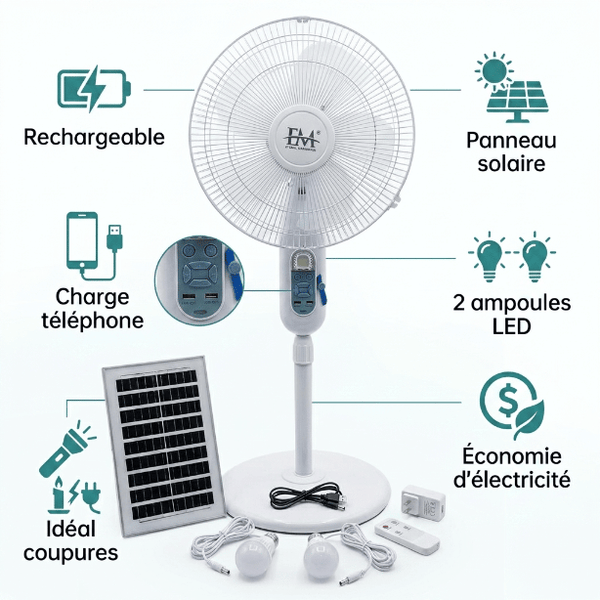 Ventilateur Solaire Rechargeable Anti-Coupure avec 2 Ampoules LED et Charge Téléphone
